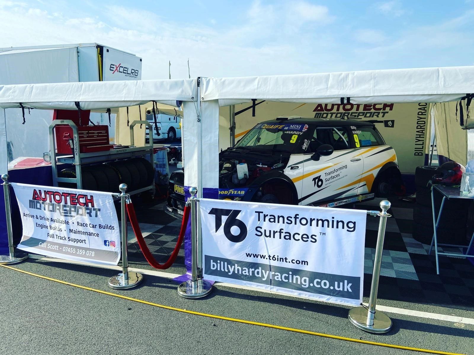 Autotech Motorsport trackside awning with a Mini Challenge JCW being prepared