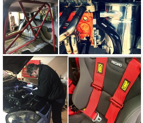 Roll cage, engine bay, mechanic at work and a Recaro seat with OMP harness